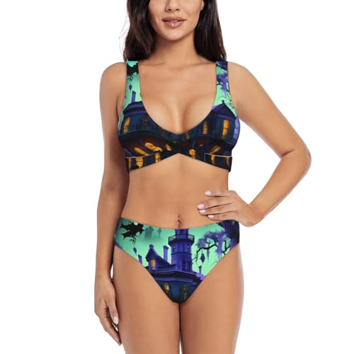 Maillot de bain 2 pièces imprimé Haunted Mansion noir pour femme confortable