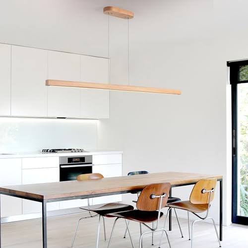 Image of 71 inch Wooden Linear Pendant Light LED Pendant Lights Dimmable Pool Table Island Lights Modern Linear Chandeliers for Dining Room Kitchen Ceiling Pendant Lamp for Kitchen Island Billiard Room Natural