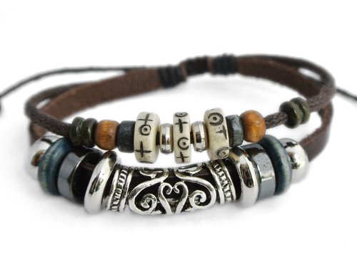 Agathe creation - Bracelet tibetain Porte Bonheur -Perle Tribal en Argent tibetain - Cuir, Chanvre et Perles de Bois, os et métal - Multicolor - Fait Main