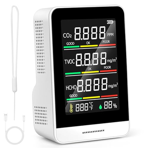 5-in-1 Luftqualitätsmonitor für den Innenbereich -Luftverschmutzungsmonitor mit CO2, HCHO, TVOC, Temperatur und Luftfeuchtigkeit, Echtzeit-Datenaufzeichnung,Kompakt Tragbar