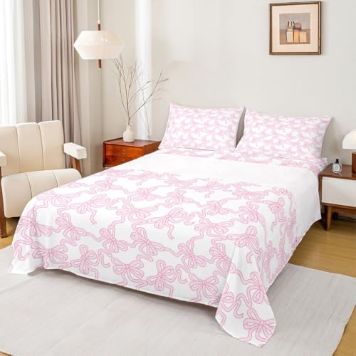 Image of Castle Fairy Pink Bowknot Fitted Sheet Set Full Size 4 Pcs,Coquette Bowtie Teens Sheets,Kawaii Watercolor Ribbon Bow Bedding Sets (1 Fitted,1 Flat,2 Pillowcases)