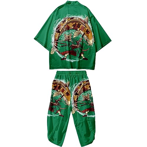 Image of DOSLAVIDA Men's Japanese Kimono Cardigan Suit Chinese Style Printed Jacket Pants Set Open Front Seven Sleeve Top & Shorts