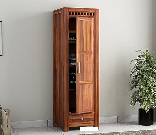 Image of Sheesham Wood Wooden Single Door Wardrobe Organizer for Clothes | - Solid Wood Almirah with 1 Drawers, 4 Shelves - Cupboard for Large Bedroom, Natural Finish