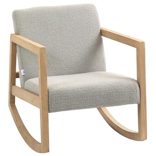 HOMCOM Sedia a dondolo per infermieri Sedia a dondolo in tessuto effetto lana riccia con gambe in legno massiccio di gomma, sedia a dondolo per camera da letto, soggiorno - 60 x 81 x 71 cm grigio
