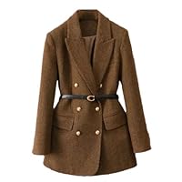 Women's Coat Autumn and Winter Thick Double-Breasted Loose Slim Belt Blazer Dark Curry M100-110kg