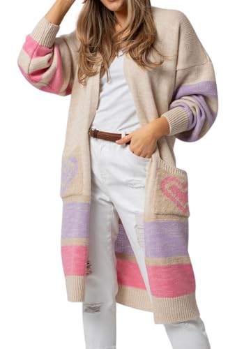 chouyatou Women's Fall 2025 Color Block Long Cardigan Sweater Oversized Open Front Knitted Cardigan Coat with Pockets
