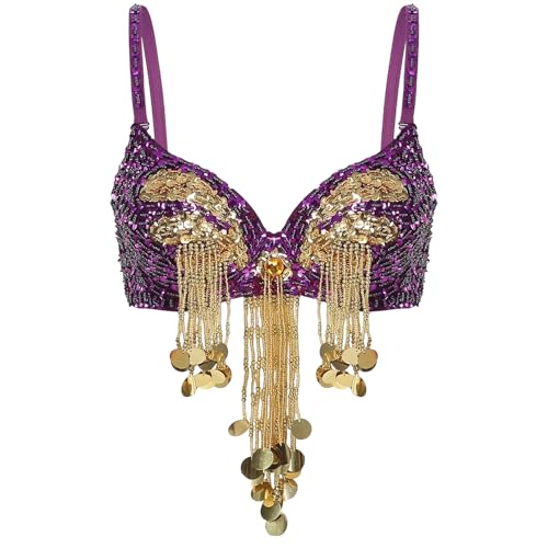 Women's Beaded Tassel Underwired Belly Dance Bra Sparkly Sequin Crop Top Carnival Stage Performance Costume