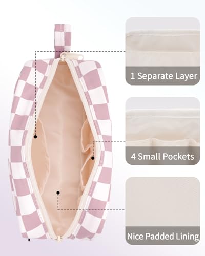 Image of Narwey Cute Checkered Makeup Bag with Organized Pockets for Women - Dusty Rose Checkerboard, Zipper Pouch, Mini Travel Makeup Pouch