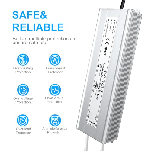 Image of LightingWill LED Driver 200 Watts Waterproof IP67 Power Supply Transformer, 90-130V AC to 12V DC Low Voltage Output, Adapter with 3-Prong Plug 3.3 Feet Cable for Outdoor Use, Computer Project