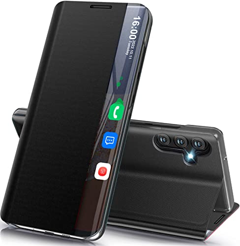 Phone Case for Samsung Galaxy A14 Case, Smart Clear View Window Luxury Slim Mirror for Galaxy A14 Case with Kickstand, Leather Hard PC Flip Shockproof Protective Cover Samsung A14 5G Case, Black