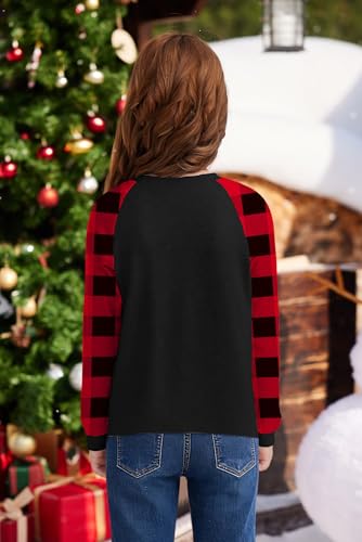 Image of BesserBay Girl's Christmas Buffalo Plaid Raglan Top Funny Holiday Graphic Shirt 4-14 Years