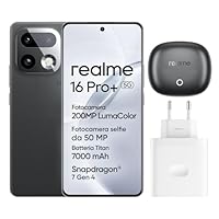 realme 16 Pro+ 5G Smartphone, 8GB+256GB, Display Curvo AMOLED 144Hz 6,8", Batteria 7000mAh, Fotocamera 200MP OIS, IP69K, Ricarica Rapida 80W, Doppia SIM, Next AI, Grigio (Con Adattatore)