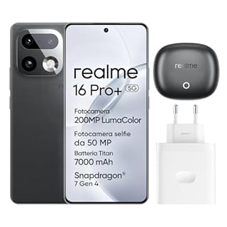 realme 16 Pro+ 5G Smartphone, 8GB+256GB, Display Curvo AMOLED 144Hz 6,8", Batteria 7000mAh, Fotocamera 200MP OIS, IP69K, Ricarica Rapida 80W, Doppia SIM, Next AI, Grigio (Con Adattatore)