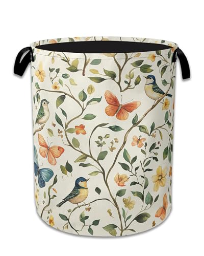 Image of Bird Butterfly Laundry Basket,Oxford Cloth Vintage Nature Laundry Hamper With Handle Foldable Portable Clothes Storage Basket for Laundry Room /Bedroom /Bathroom 20.8 inchx16 inch