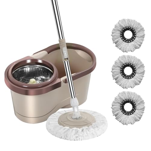 Cubo para escurridor y escoba con flecos de microfibra, juego de fregona giratoria 360° con mango telescópico y cubito, oferta 3 almohadillas de microfibra