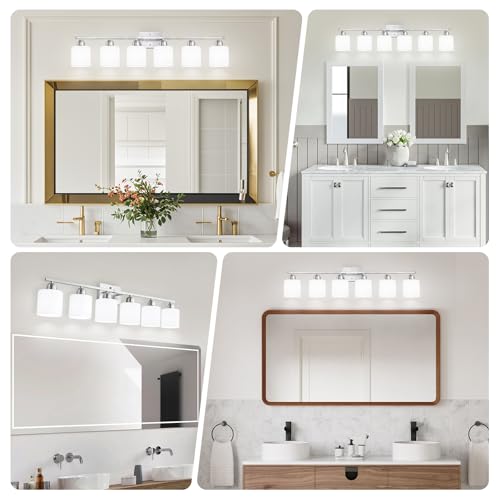 Image of Large Bathroom Vanity Light Fixture, 6 Light Anti-Rust Finish with Milky White Frosted Glass Shades, 38 Inch Bath Light Above Mirror Light Fixture