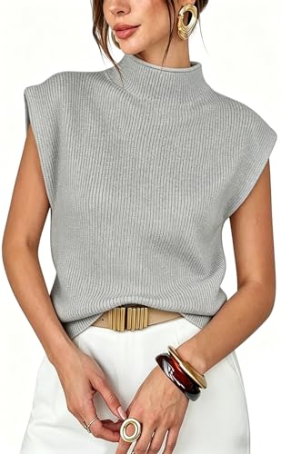 Image of Womens Sleeveless Sweater Vest Mock Neck Tank Tops Casual Cap Sleeve Knit Pullover Summer Clothes