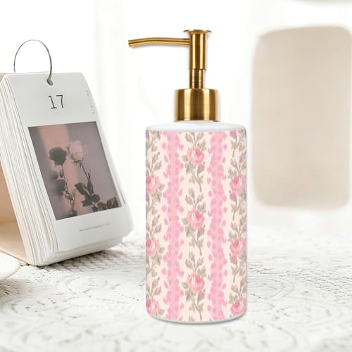 FYSUIMU Blush Pink Rose Soap Dispenser Glass Dispenser with Gold Pump Vintage Floral Refillable Liquid Soap Container for Home Kitchen Bathroom Countertop