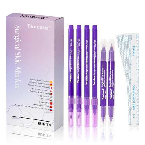 TONDAUS 6Pcs Professional Surgical Tip Skin Marker Pen Purple Ink Stencil Markers Pen with Paper Ruler for Eyebrow, Tattoo Skin Marking Individually Wrapped 0.5MM & 1MM (Purple)