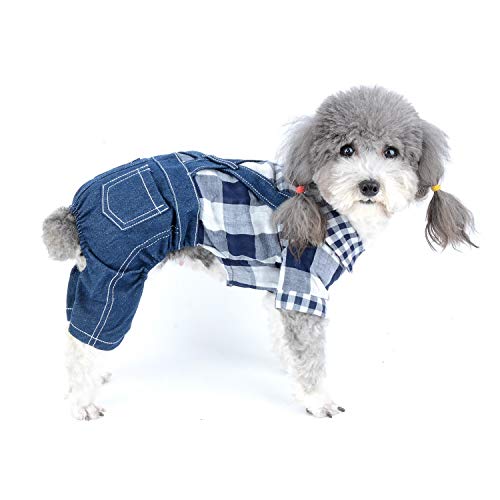 Zunea Small Dog Jumpsuit Denim Puppy Clothes Overalls Soft Cotton Plaid Shirt and Jean Pants Outfits Summer Pet Clothing Chihuahua Doggie Apparel for Dogs Boy Blue M