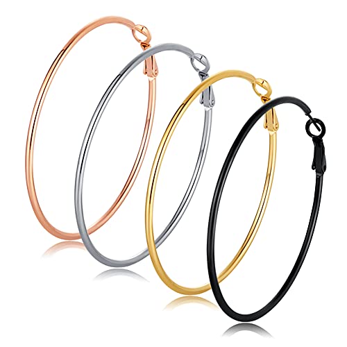 4 Pairs Big Hoop Earrings for Women, 316L Stainless Steel Hypoallergenic Hoop Earrings Silver Plated 14K Gold Plated Rose Gold Plated Black Gold Plated Earrings Set