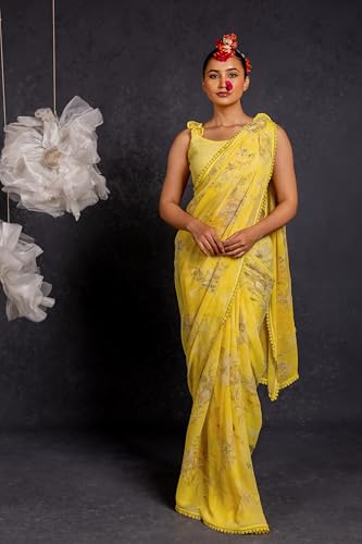 Image of MIRCHI FASHION Saree for Woman Georgette Floral and Leaf Printed | Elegant Farewell and Ceremonial Women's Sari with Blouse Piece