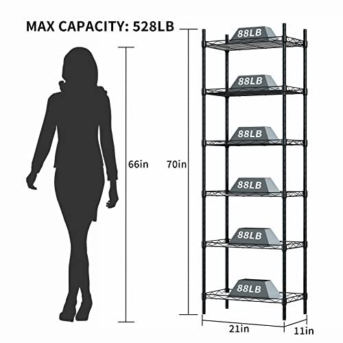 Azamine 6-Tier Storage Shelves, Metal Storage Rack Adjustable Shelving Unit With 4 Hooks For Pantry Laundry Bathroom Kitchen Closet (21L X 11W X 70H, Black) #TOP2