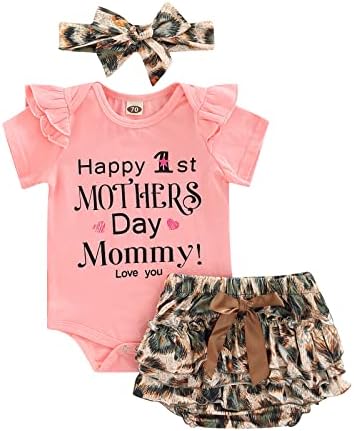 OneFlow Baby Girl Mothers Day Outfit Short Sleeve Shirt Romper Onesie Shorts My First Mothers Day Summer Clothes Set (B-Pink, 3-6 Months) (C-01)