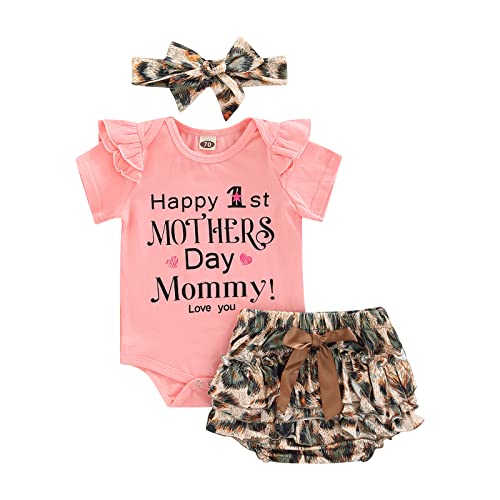 Oneflow Baby Girl Mothers Day Outfit Short Sleeve Shirt Romper Onesie Shorts My First Mothers Day Summer Clothes Set (B-Pink, 3-6 Months) (C-01) #TOP2