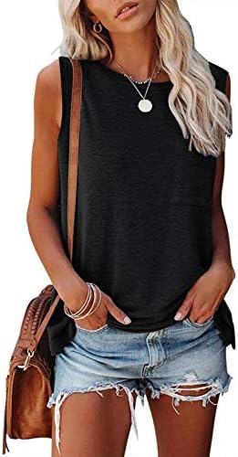 MIROL Women's Sleeveless Tank Tops Basic Loose Tunic T Shirts Batwing Sleeve Solid Color Casual Tee with Pocket Black