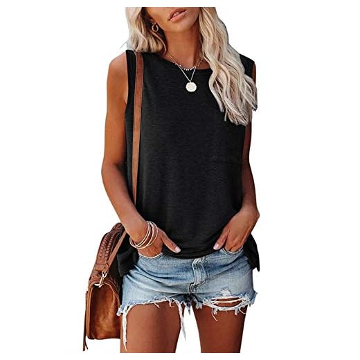 MIROL Women's Sleeveless Tank Tops Basic Loose Tunic T Shirts Batwing Sleeve Solid Color Casual Tee with Pocket Black
