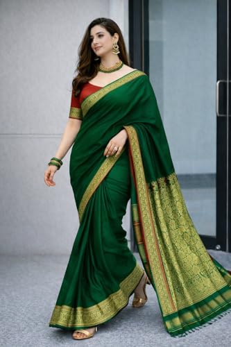 Image of Women's Glory Banarasi Satin Silk Saree with Rich Zari Woven Border & Pallu | Soft Glossy Party Fancy Traditional Saree for Wedding, Festive, Function | Blouse Piece Included