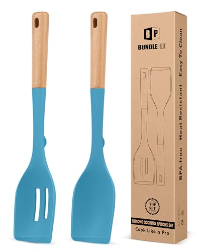 Pack of 2 Large Silicone Cooking Spoons, Heat Resistant Non Stick Kitchen Utensils with Wooden Handle, Ideal for Mixing, Stirring, Serving, Cooking(Blue)