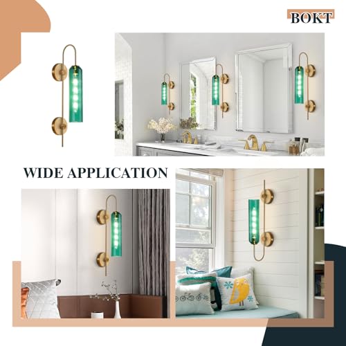 Image of BOKT Modern Gold Wall Sconce Green Glass Hardwired Bedside Wall Light Fixtures Mid Century Long Metal Wall Sconce Single Hardwired Bathroom Bar Wall Lamp (Green)