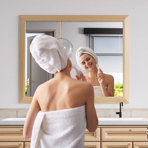Amorho 40X32 Inch Bathroom Mirror for Wall, Oak Wood Grain Metal Framed Mirror, Anti-Rust, Hang Horizontally/Vertically, Suitable for Vanity, Bedroom, Farmhouse, Bathroom