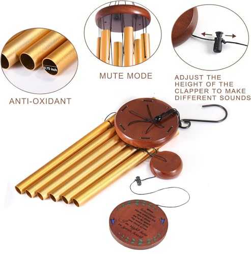 Image of Memorial Wind Chimes for Outside - Sympathy Wind Chimes for Loss of Loved One, Bereavement Gifts for Loss of Dad, Mom, Baby, Brother, or Friend - Outdoor Remembrance Gift in Gold (Round Design)