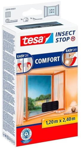 tesa INSECT STOP Klett Fliegengitter Premium für Fenster, Insektenschutz mit starkem Klettband, rückstandsfrei entfernbar, zuschneidbar, ohne Bohren - 120 cm x 240 cm - Anthrazit (Durchsichtig)