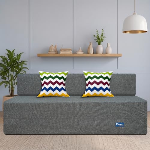 Image of Starlon 3 Seater Foldable Sofa Cum Bed 3-in-1 with 2 Waves Pattern Pillows, Washable Jute Fabric Cover, Space Saving Guest Bed, Ash Gray 6x6.5 Ft