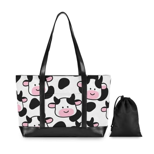 Cute Cow Black White Pink professional women laptop tote bag with zipper tote bag with zipper for women work with2