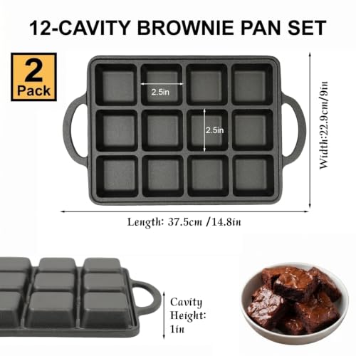 Image of Flavehc 2Pack Cast Iron Brownie Pan with Dividers Individual 12 Cup Cavity Cast Iron Baking Pan for Brownies Square Muffin Pans Molds