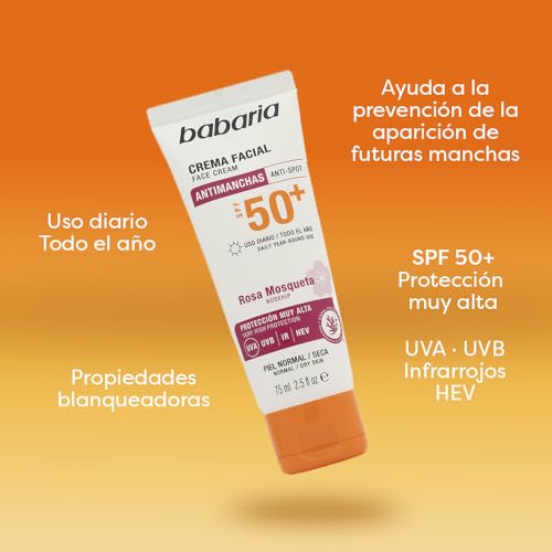 Miniatura 3 de Babaria Protector Solar Facial SPF50+ Antimanchas con Rosa Mosqueta 75 ml – Antiarrugas, Hidratante y Coral Friendly - Crema Solar Facial 50 Mujer