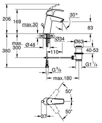 GROHE Eurosmart - Badarmatur Einhand- Waschtischarmatur (M- Auslauf, mit Zugstangen- Auslaufgarnitur) , chrom, 23322001 - Image 5