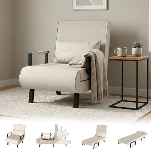 Canapé Convertible 1 Place 4 en 1 Canape Lit Pliable Fauteuil Lit avec Dossier Réglable Sur 6 Niveaux Max.180kg Lin Cadre Métallique Mémoire Forme 1 Coussin Pour...