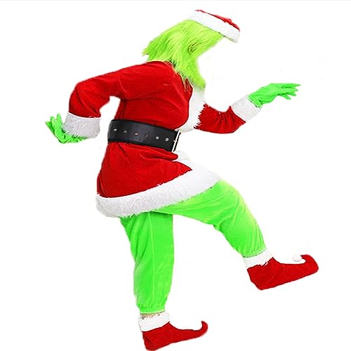 Green Big Monster Santa Costume for Men - 6pcs Christmas Deluxe Furry Outfit - Halloween Santa Claus Suit
