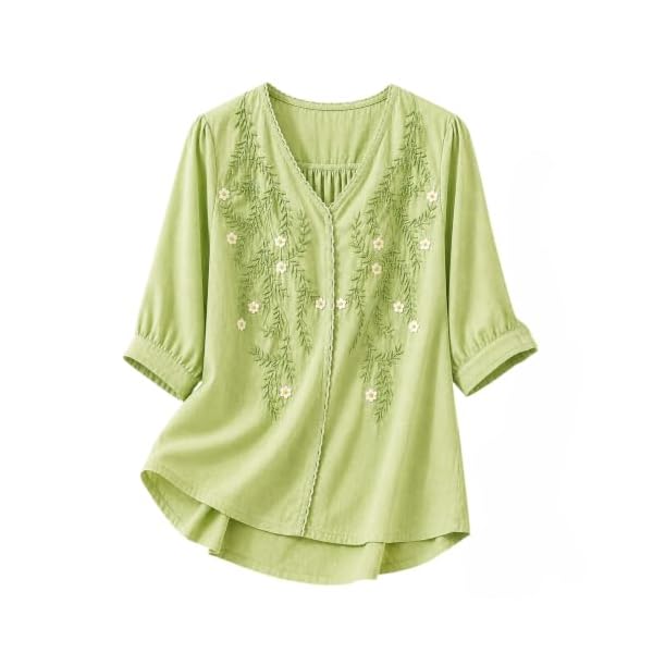 rieka womens embroidered korean style top and tunic v neck floral thread embroidery three quarter puff sleeves relaxed fit curved hem casual everyday fusion top