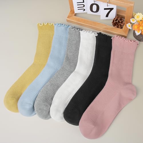 6 Pairs Cute Floral Ruffle Crew Socks Women, Breathable Cotton Novelty Casual Girls Above Ankle Funny Socks US 5-102