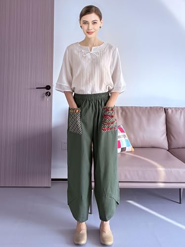 Minibee Women's Baggy Linen Wide Leg Trousers Casual Patchwork Elastic Waist Harem Pants2