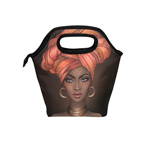 DOENR Insulated Lunch Tote Bag African American Woman Travel Portable Zipper Lunch Bag Box