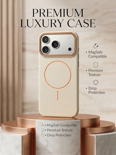 Image of amazon basics Luxury MagSafe Compatible Leather Texture Back Cover for iPhone 17 Pro Max | Raised Camera Protection | Slim Fit Shockproof Case with Metallic Accents (White)
