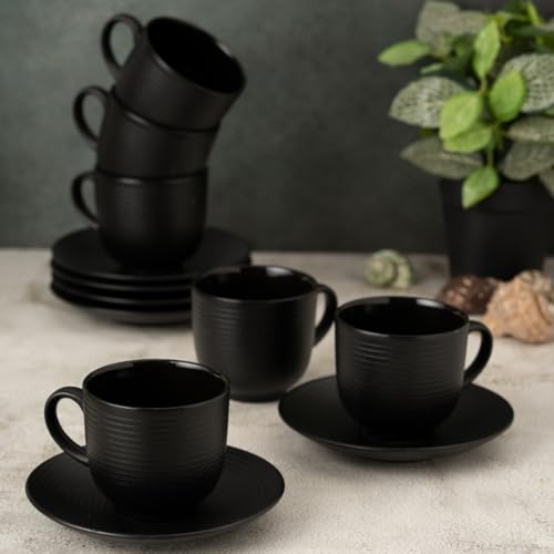 Image of Clay Craft Fine Ceramic Horizon Black Cups & Saucer, Set of 12, Cups for Tea & Coffee, Gift Set, Elegant Design for Home and Kitchen and Can Be Gifted to Your Loved Ones On Any Occassions
